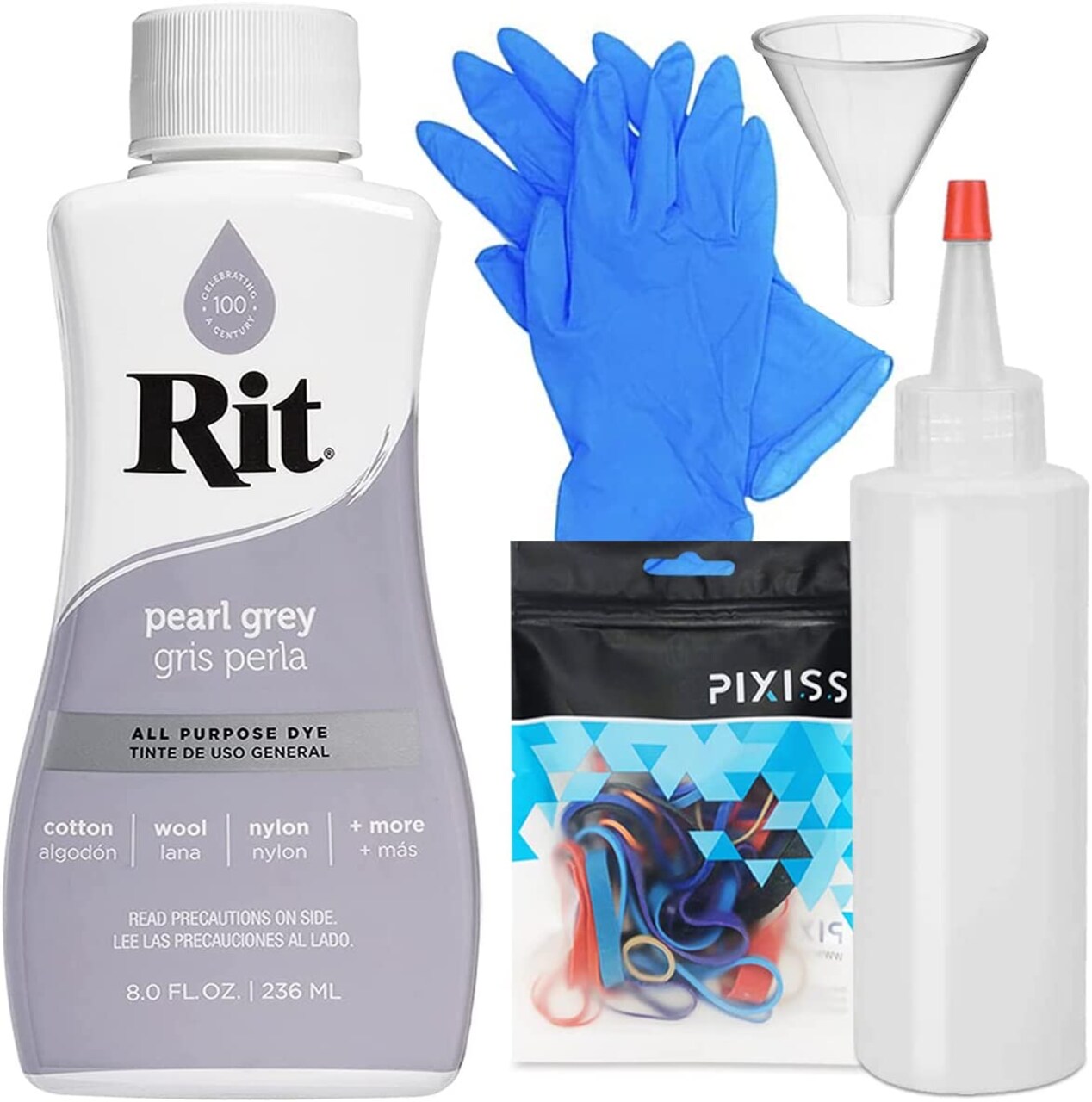 Rit Dye Liquid Pearl Gray All-Purpose Dye 8oz, Pixiss Tie Dye Accessories Bundle